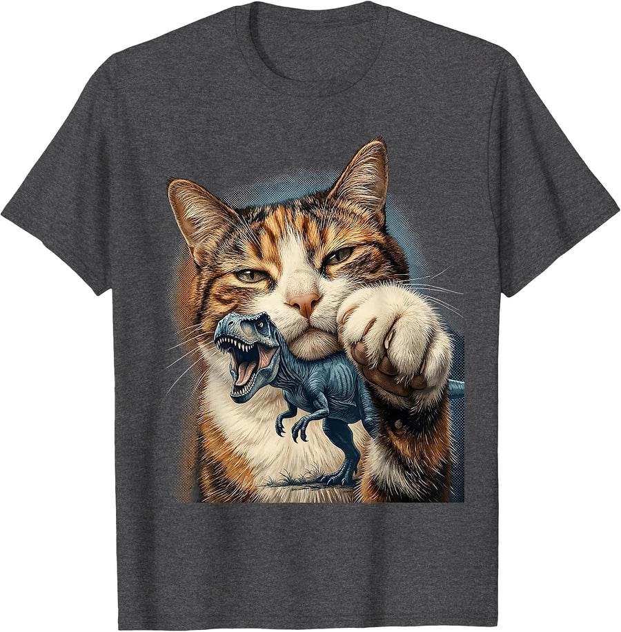 Men's Cat Selfie With T-Rex Dinosaur Funny Meme Cat Lover T-Shirt - Dark Heather Grey