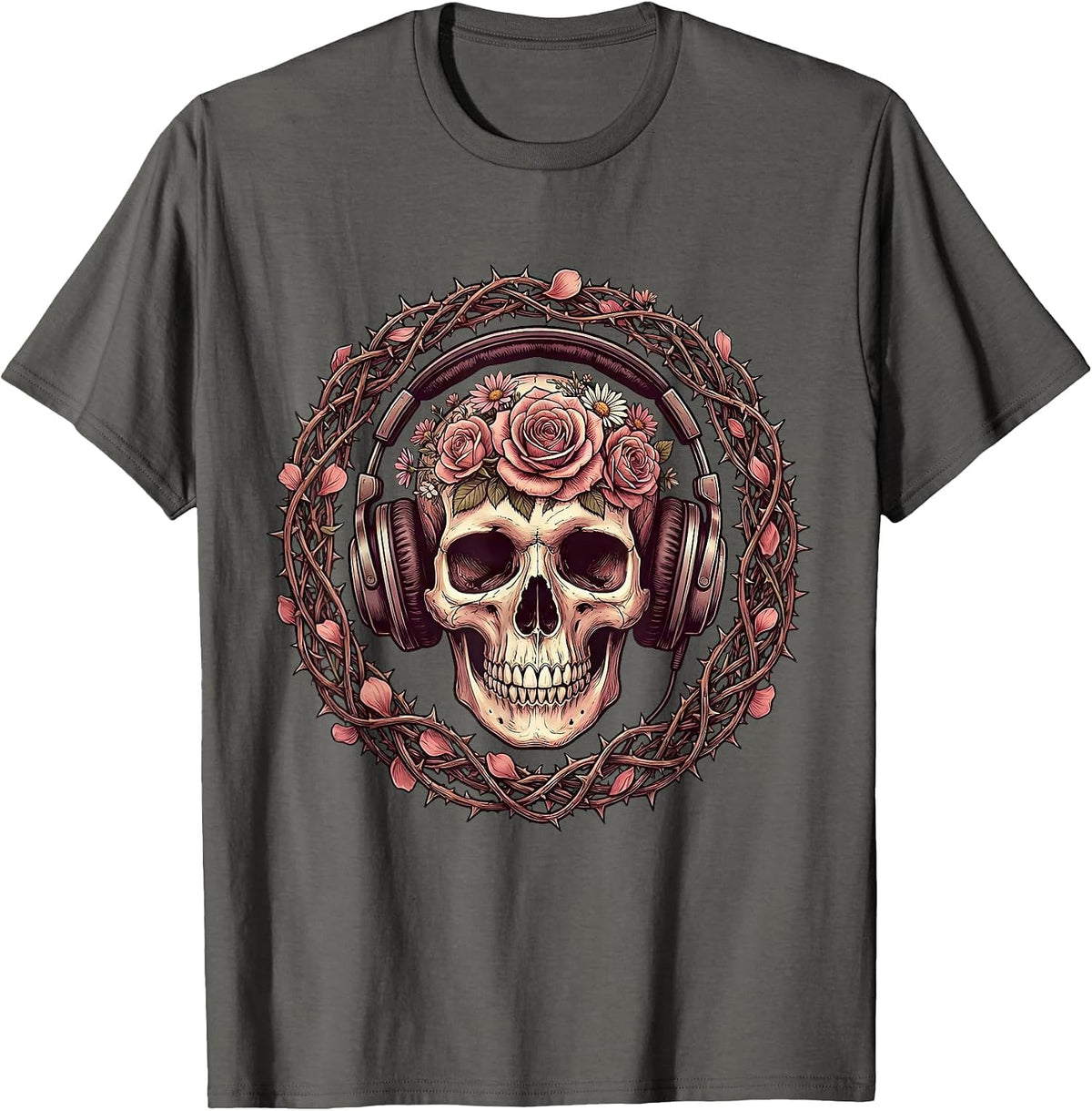 Skull With Oversized Headphones Band Music Art T-Shirt - Asphalt Grey