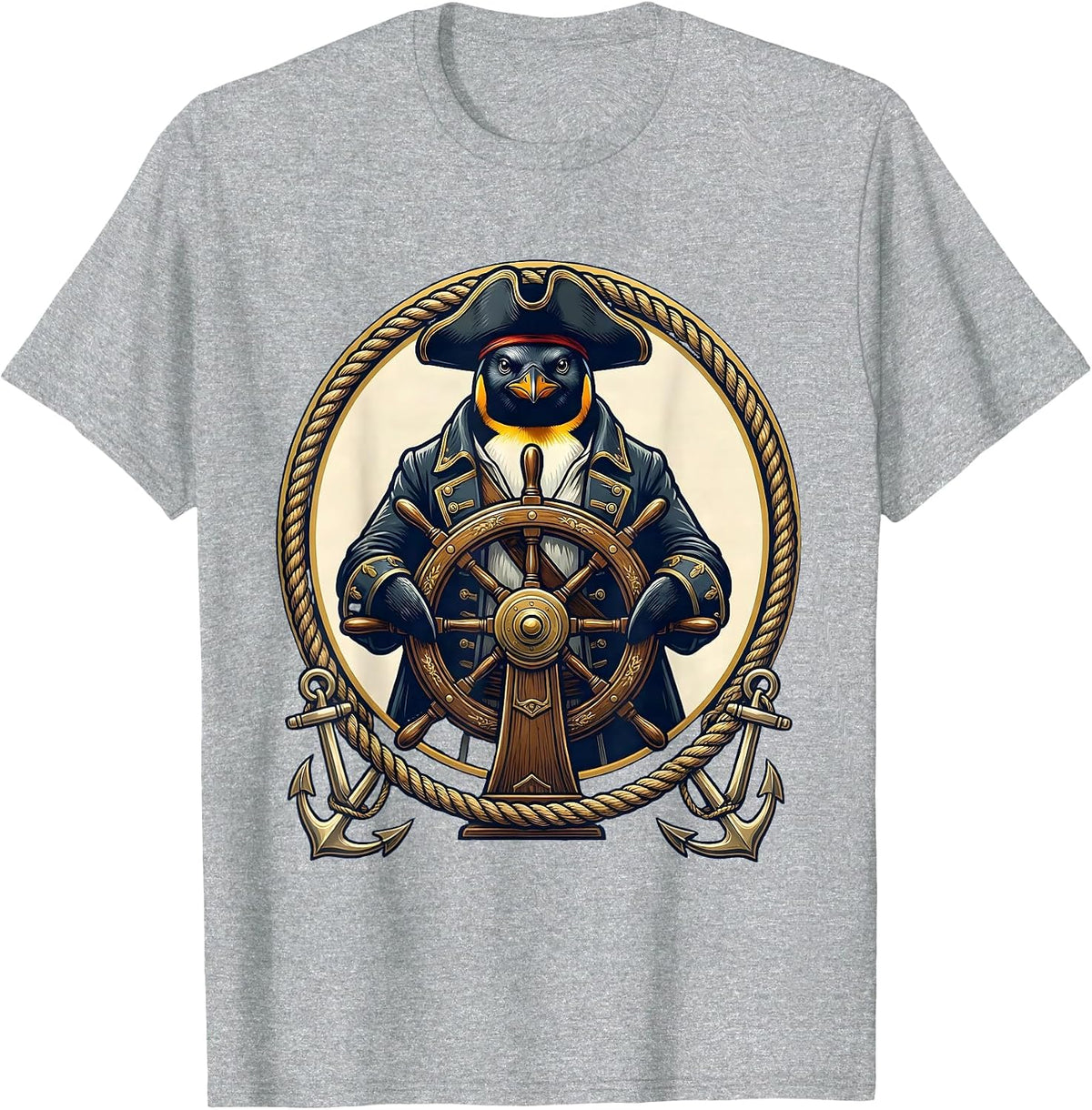 Men's Penguin Pirate Steering a Tall Ship Wheel T-Shirt - Heather Grey