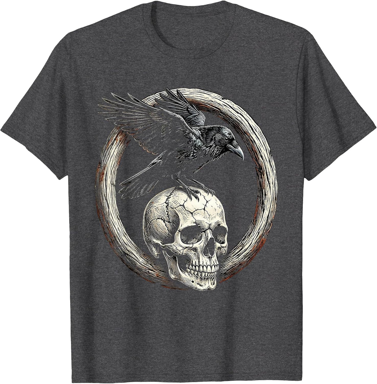 Men's Crow Perched on Skull Dark Gothic Illustration T-Shirt - Dark Heather Grey