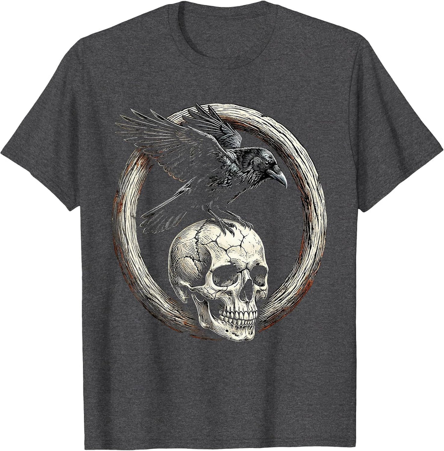 Men's Crow Perched on Skull Dark Gothic Illustration T-Shirt - Dark Heather Grey