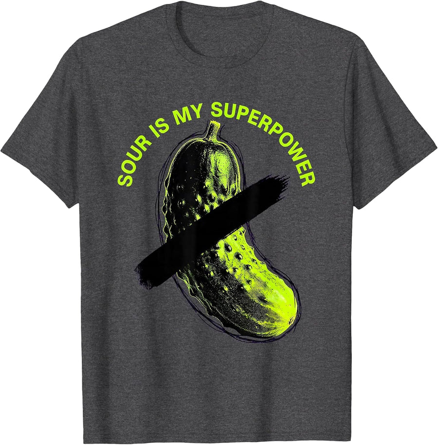 Men's Sour Is My Superpower Funny Pickle Design T-Shirt - Dark Heather Grey