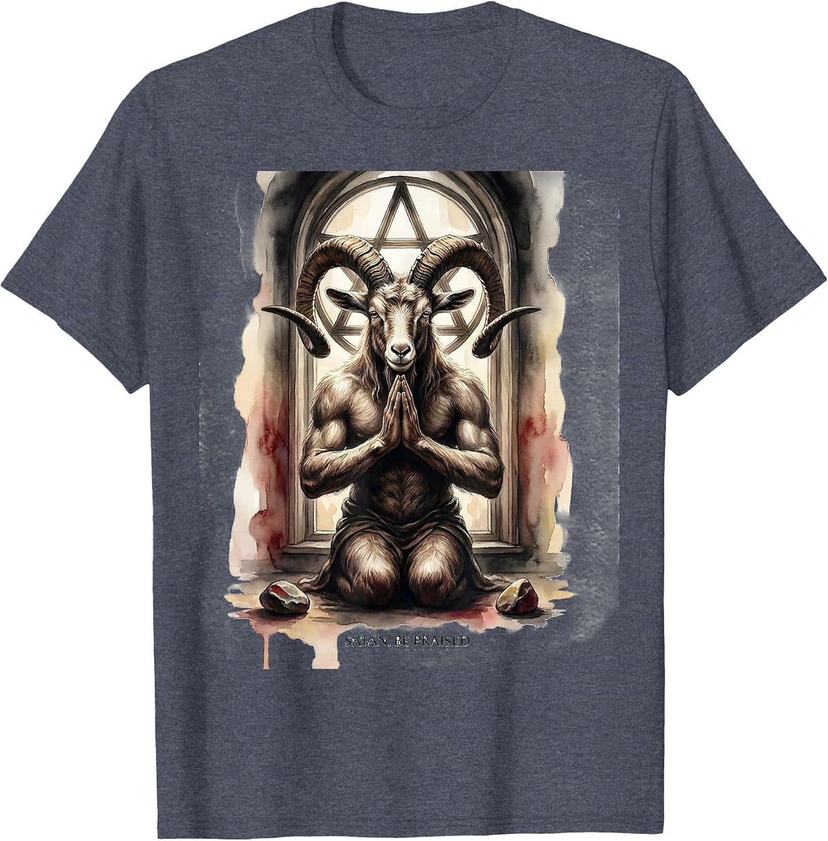 Satan Be Praised Watercolor Baphomet Occult Goth Symbol T-Shirt - Heather Blue