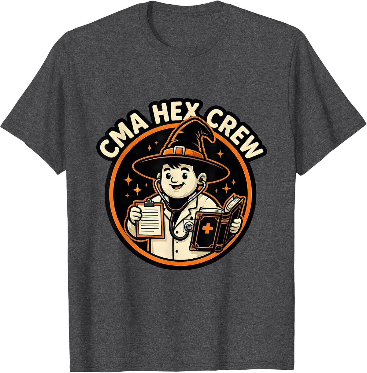 CMA Hex Crew Cartoon Halloween Nurse Healthcare Humor T-Shirt - Dark Heather Grey