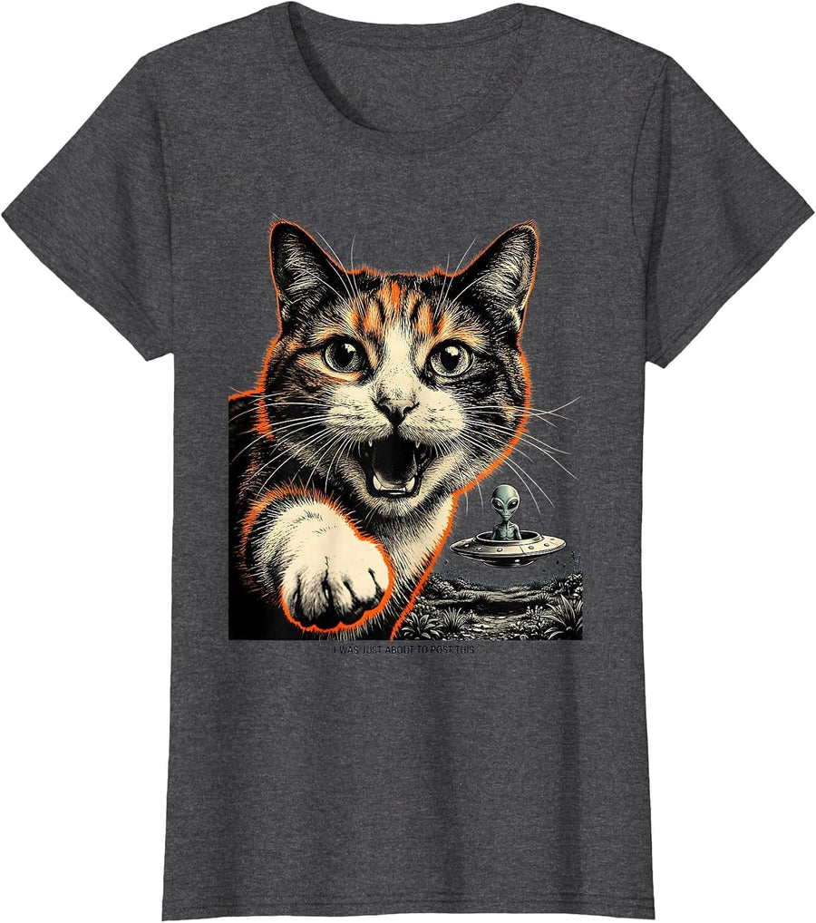 Women's I Was Just About To Post This Funny Cat Selfie Alien Meme T-Shirt - Dark Heather Grey