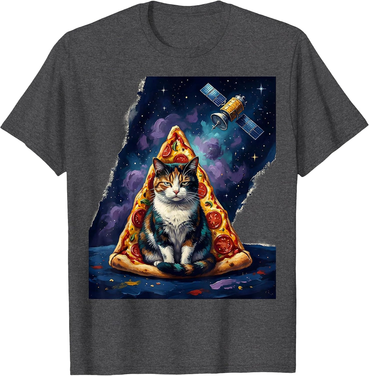 Men's Deadpan Cat In Pizza Slice Space Meme Humor T-Shirt - Dark Heather Grey