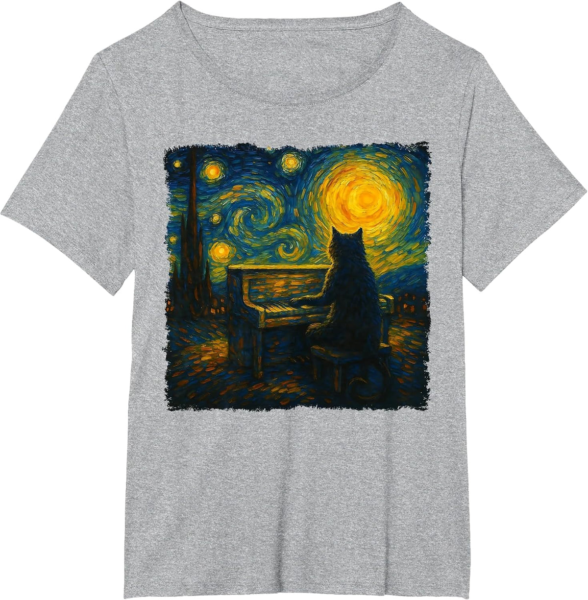 Funny Black Cat Playing Piano Starry Night Vincent Van Gogh T-Shirt - Heather Grey