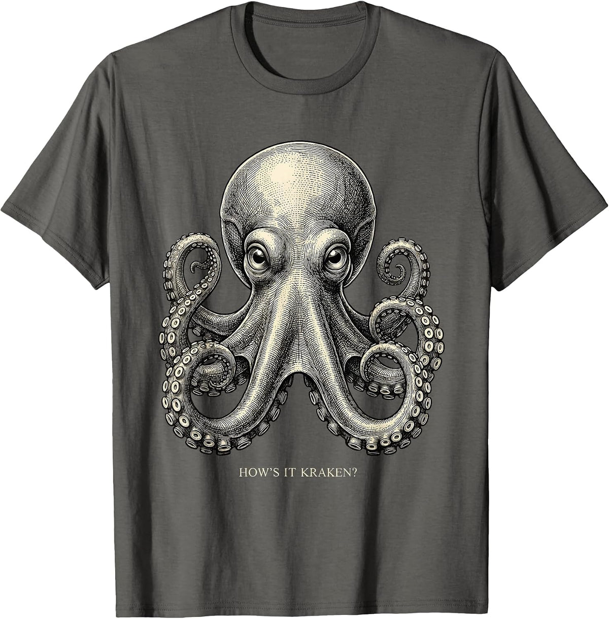 How's It Kraken? Playful Octopus Lover Crosshatch Etching T-Shirt - Asphalt Grey