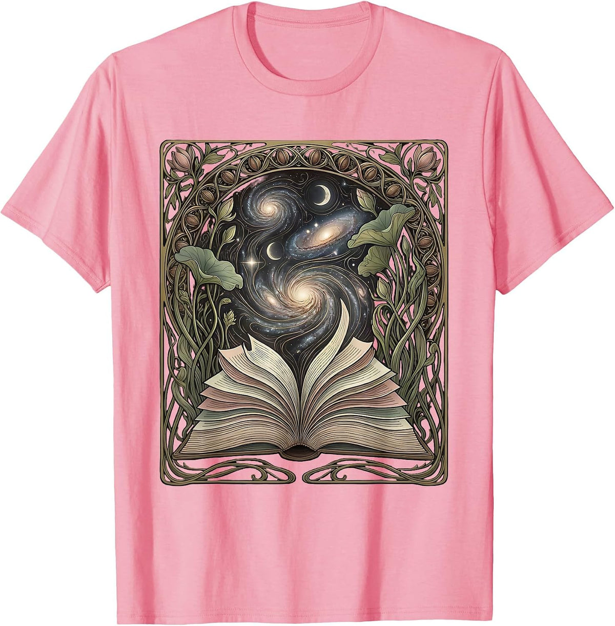 Open Book Galaxy Illustration Cosmic Reading T-Shirt - Pink
