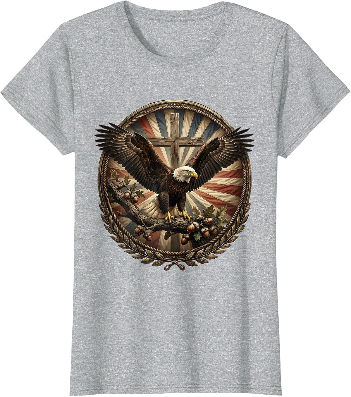 Bald Eagle Perched on Oak Branch Illustration T-Shirt - Heather Grey