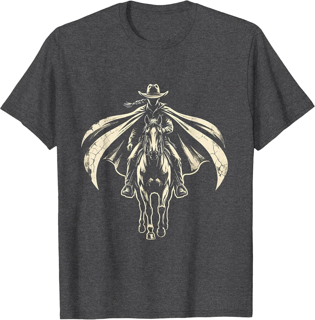 Black Cowgirl Braided Cape Horseback Illustration T-Shirt - Dark Heather Grey