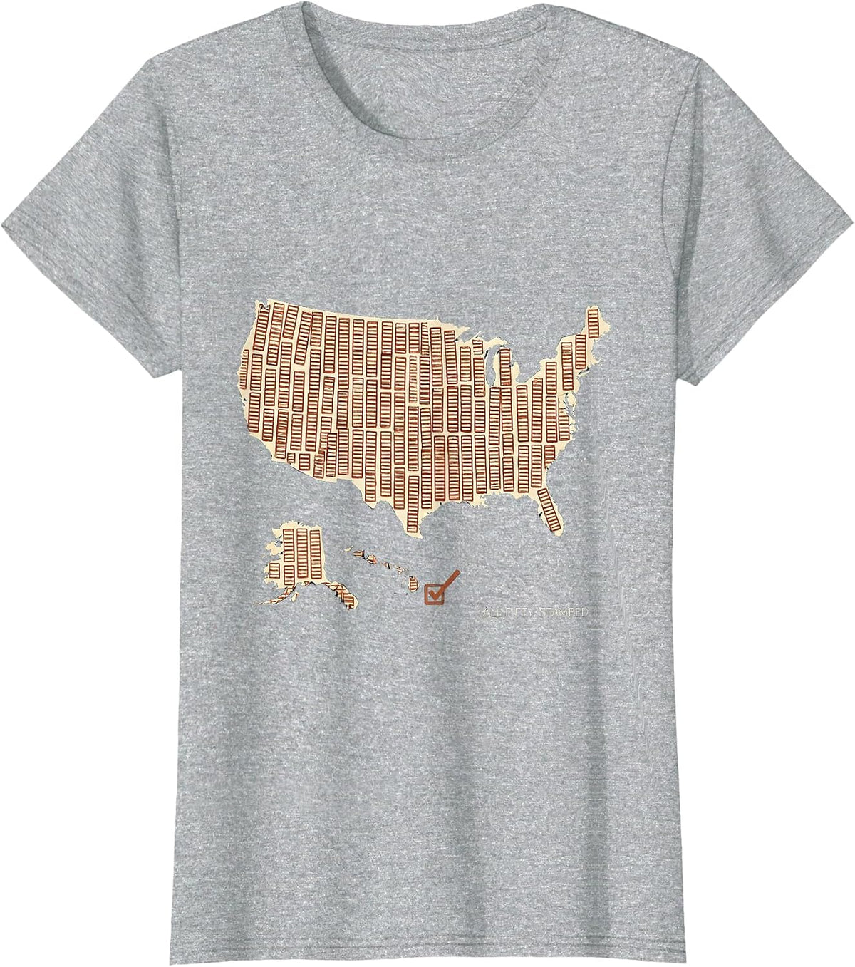 Women's All Fifty, Stamped Rubber Stamp Travel Achievement Map T-Shirt - Heather Grey