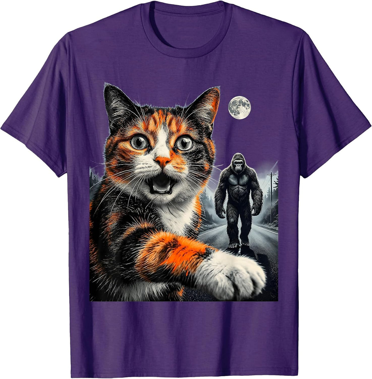 Men's Oversized Cat Bigfoot Selfie Funny Cryptid Meme Humor T-Shirt - Purple