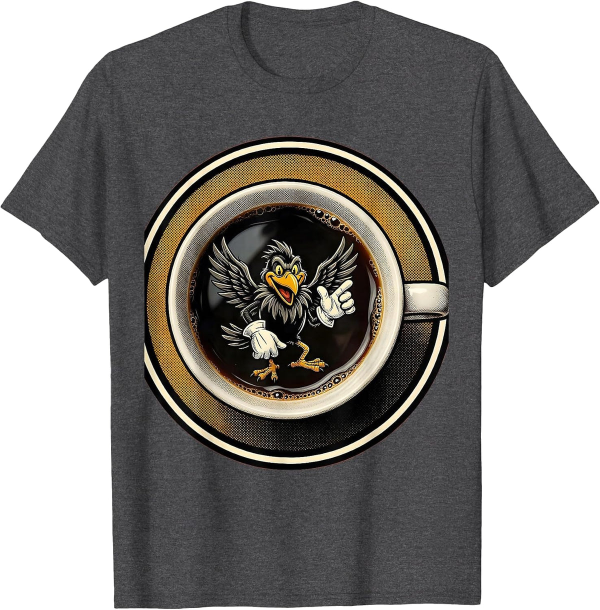 Coffee Mug Crow Reflection Illustration T-Shirt - Dark Heather Grey