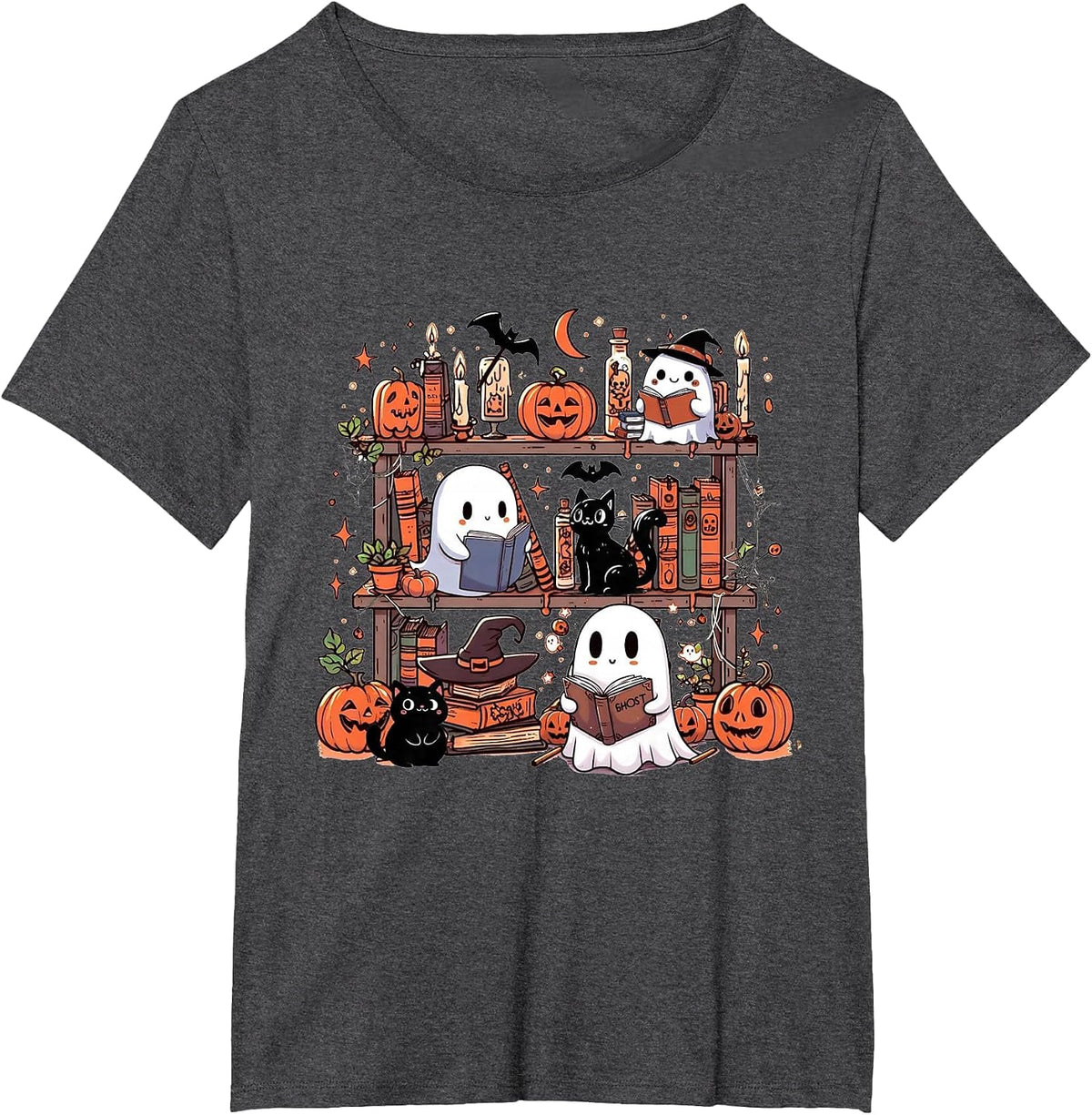 Vintage Bookish Ghost Cute Halloween Reading Romance Spooky T-Shirt - Dark Heather Grey