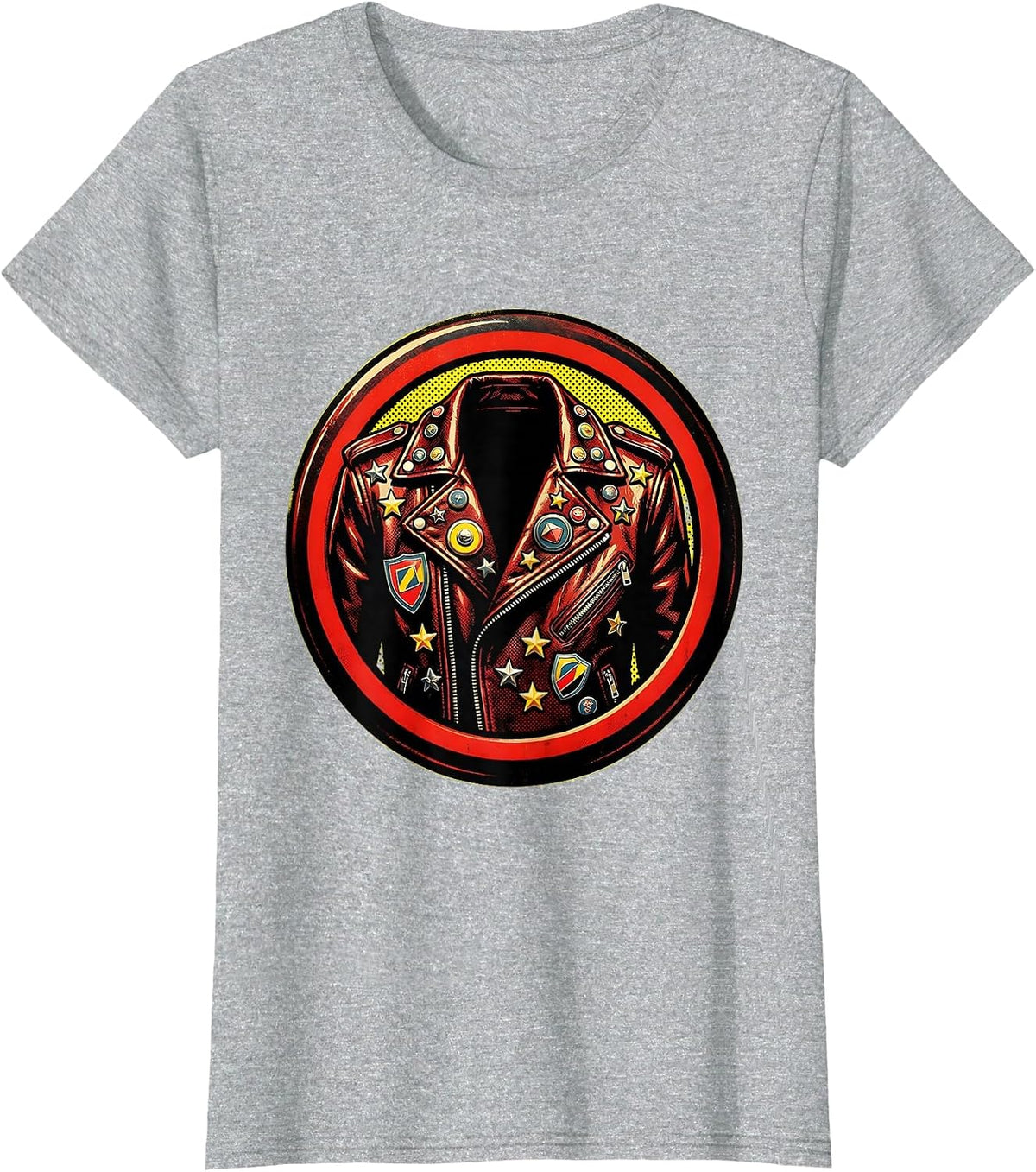 Rock and Roll Leather Jacket Pins and Patches Graphic T-Shirt - Heather Grey