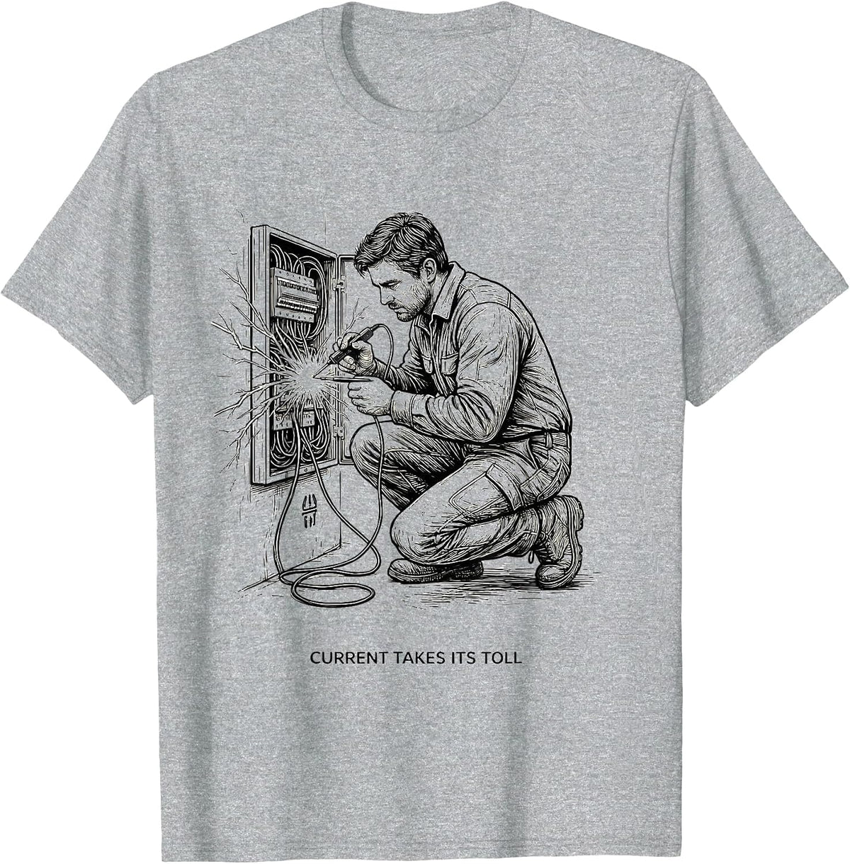 Men's Current Takes Its Toll Funny Electrician Lineman Trade Humor T-Shirt - Heather Grey