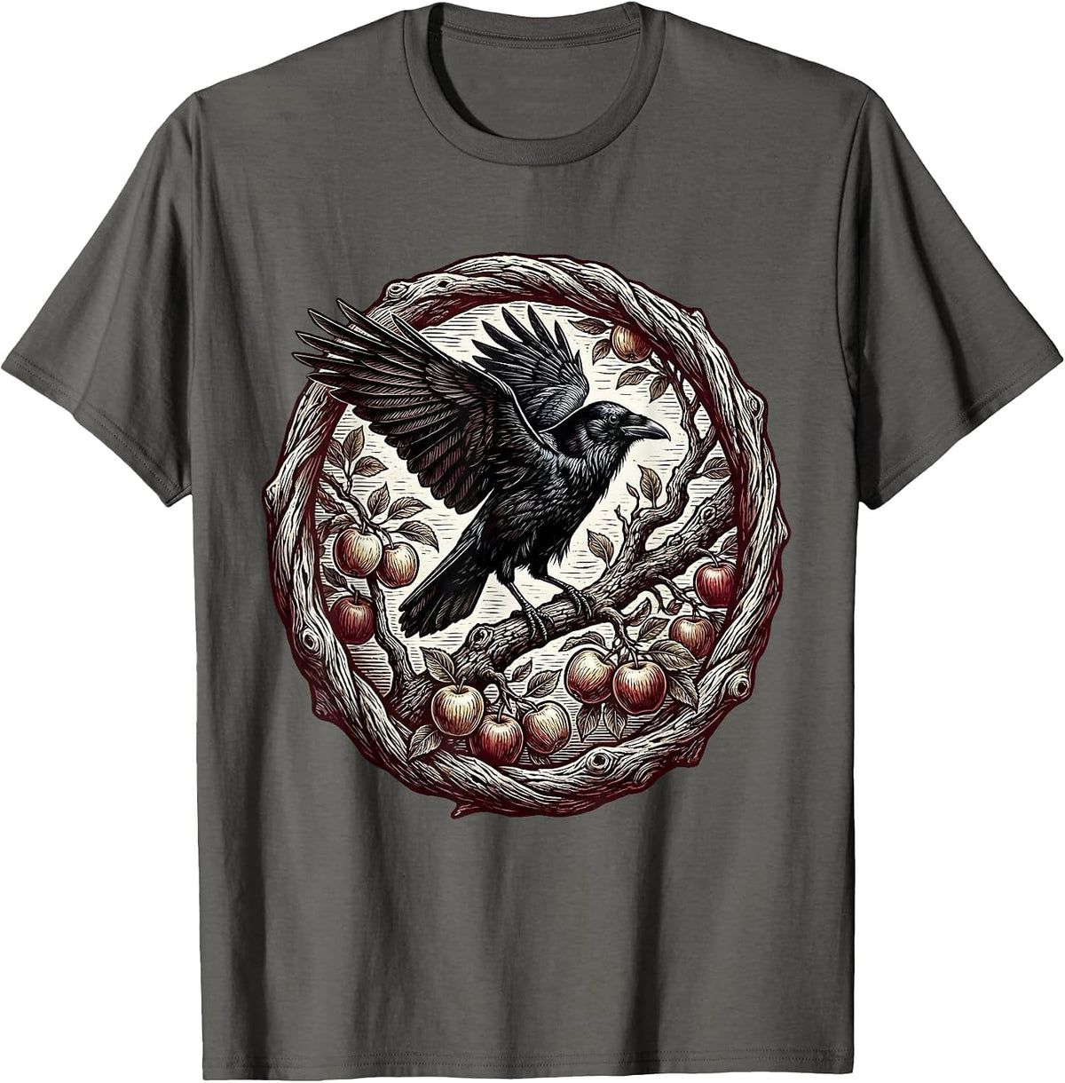 Men's Crow on Apple Branch Fall Harvest Illustration T-Shirt - Asphalt Grey