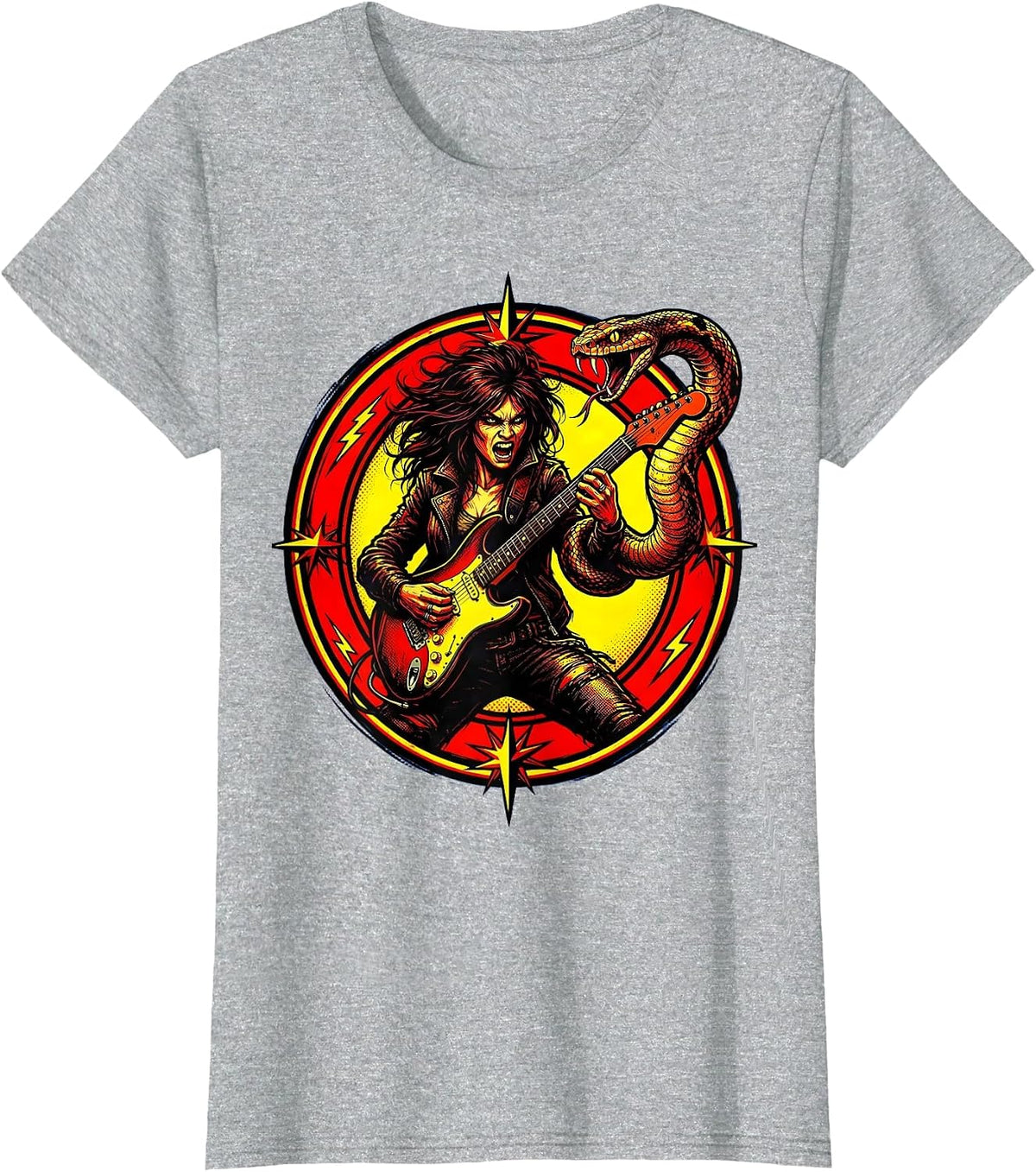 Women's Rock Goddess Snake and Electric Guitar Art T-Shirt - Heather Grey