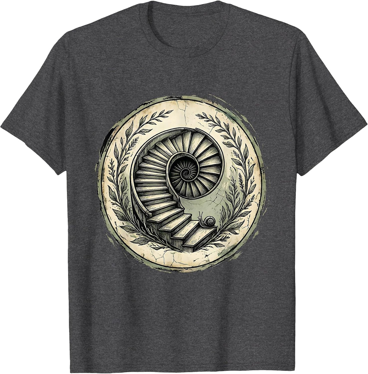 Snail Climbing Spiral Staircase Illustration T-Shirt - Dark Heather Grey