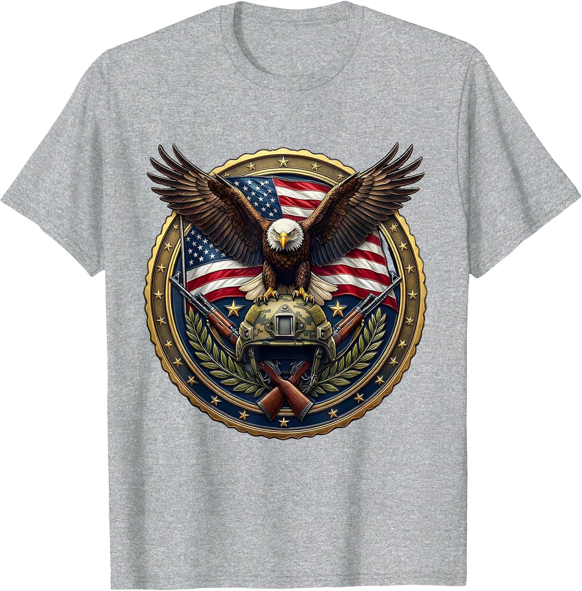 Men's Bald Eagle on Military Helmet Patriotic Design T-Shirt - Heather Grey