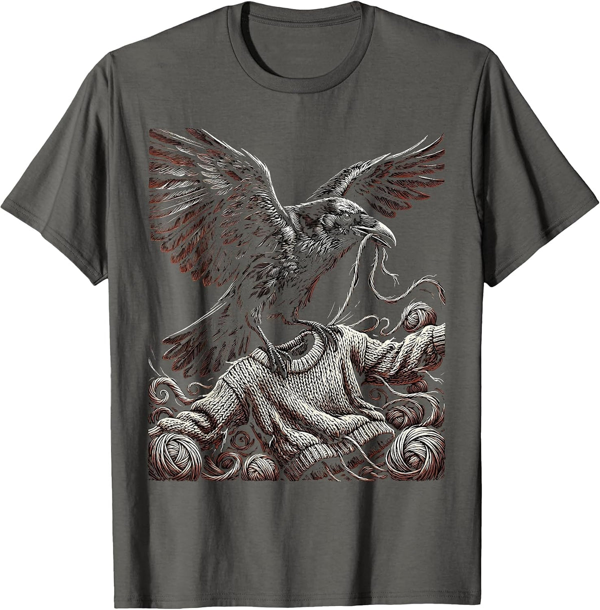 Crow Unraveling Sweater Funny Bird Art T-Shirt - Asphalt Grey