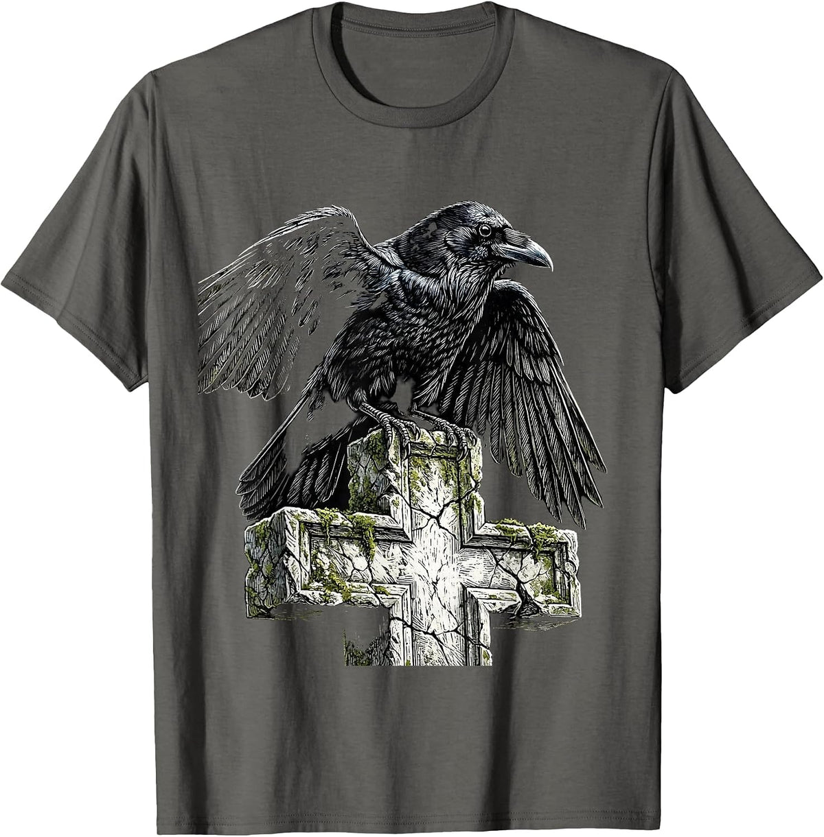Men's Crow on Gravestone Cross Gothic Art Design T-Shirt - Asphalt Grey