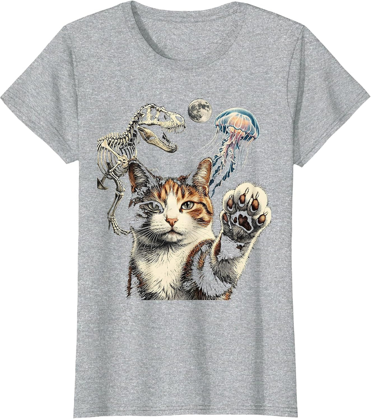 Cat Selfie T-Rex Skeleton Jellyfish Cryptid Funny Cat Lover T-Shirt - Heather Grey