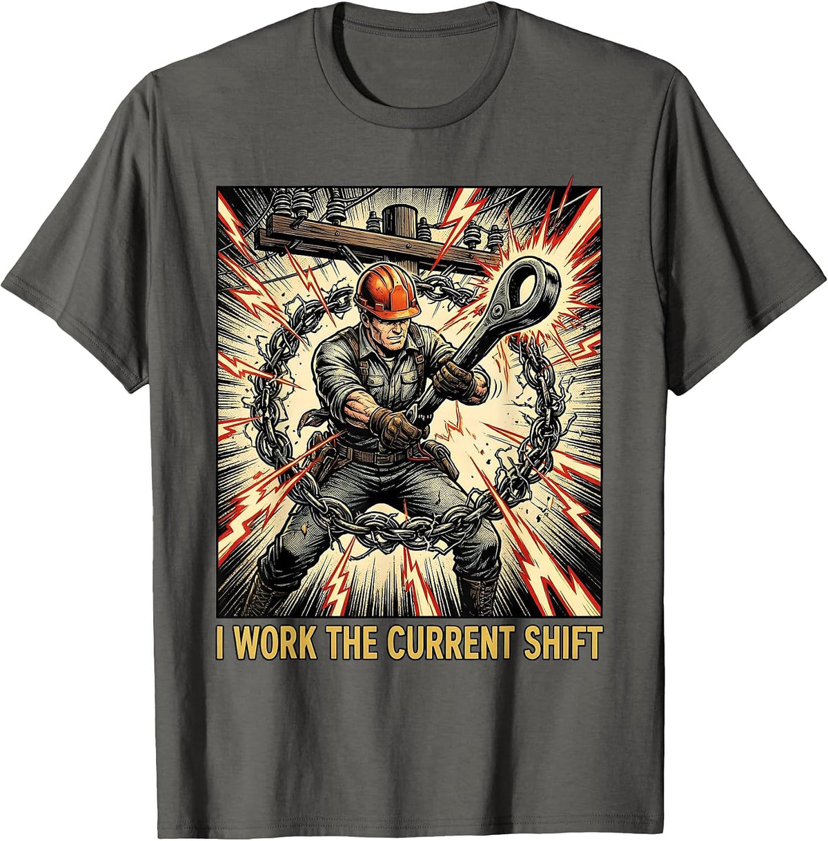 Men's I Work The Current Shift Funny Electrician Lineman Dark T-Shirt - Asphalt Grey