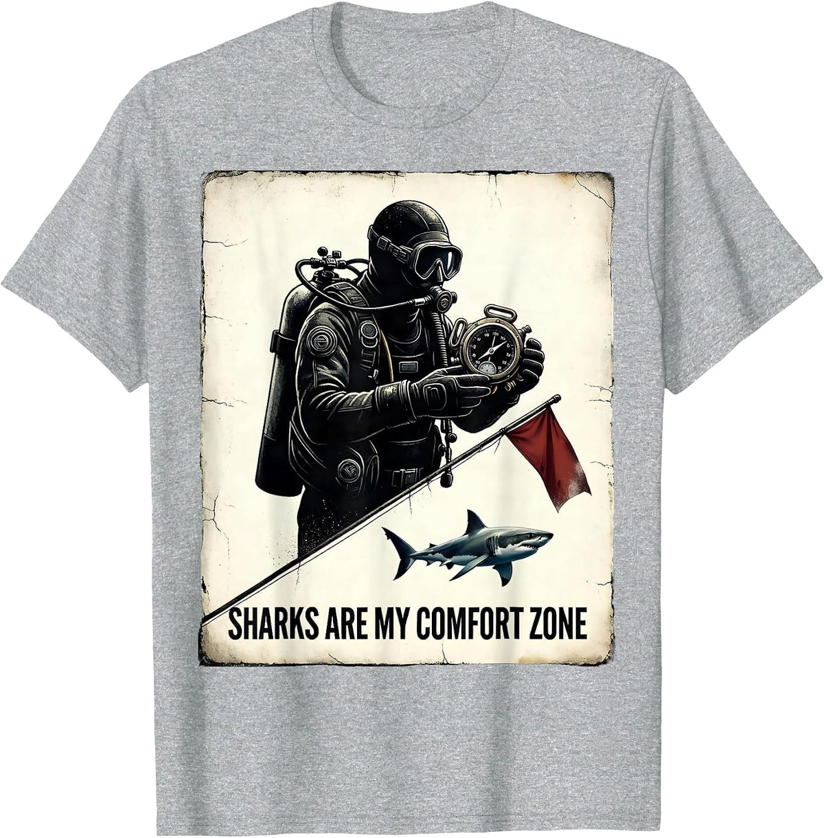 Men's Sharks Are My Comfort Zone Distressed Scuba Diver Humor Gift T-Shirt - Heather Grey