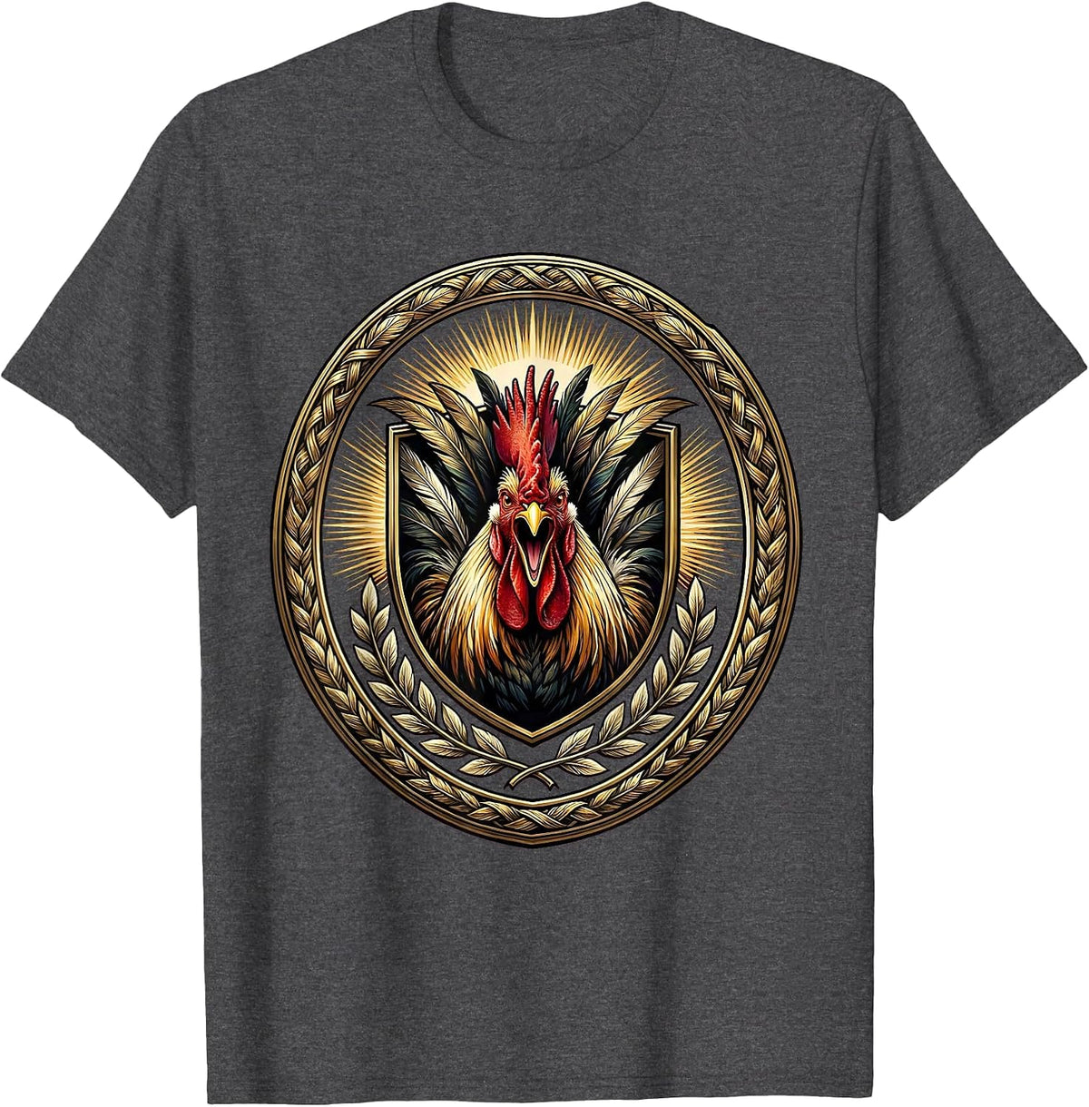 Rooster Crowing at Dawn Sunrise Illustration T-Shirt - Dark Heather Grey