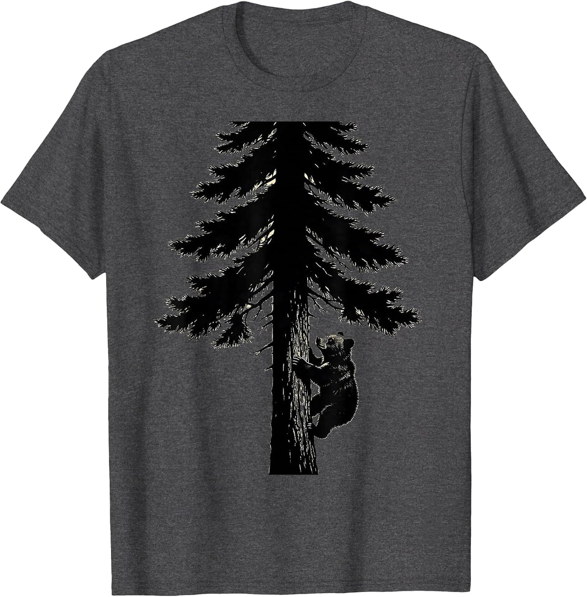Bear Cub Climbing Pine Tree Nature Illustration T-Shirt - Dark Heather Grey