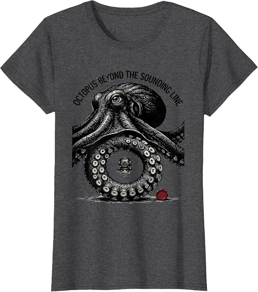 Women's Octopus Beyond the Sounding Line Vintage Japanese Sea T-Shirt - Dark Heather Grey