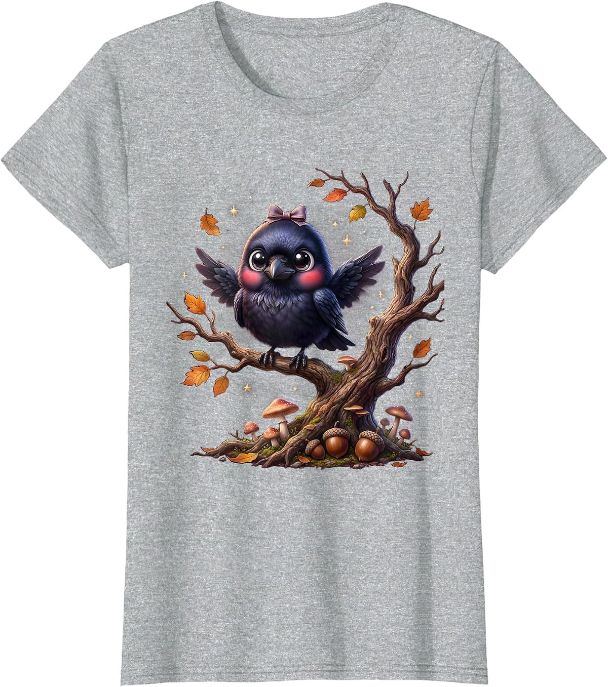 Raven on Autumn Branch Halloween Graphic T-Shirt - Heather Grey
