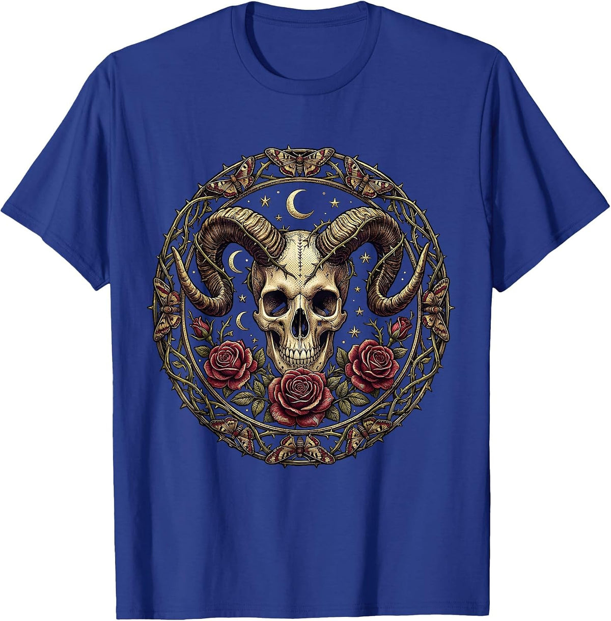 Men's Skull Ram Horns and Roses Gothic Dark Art Design T-Shirt - Royal Blue