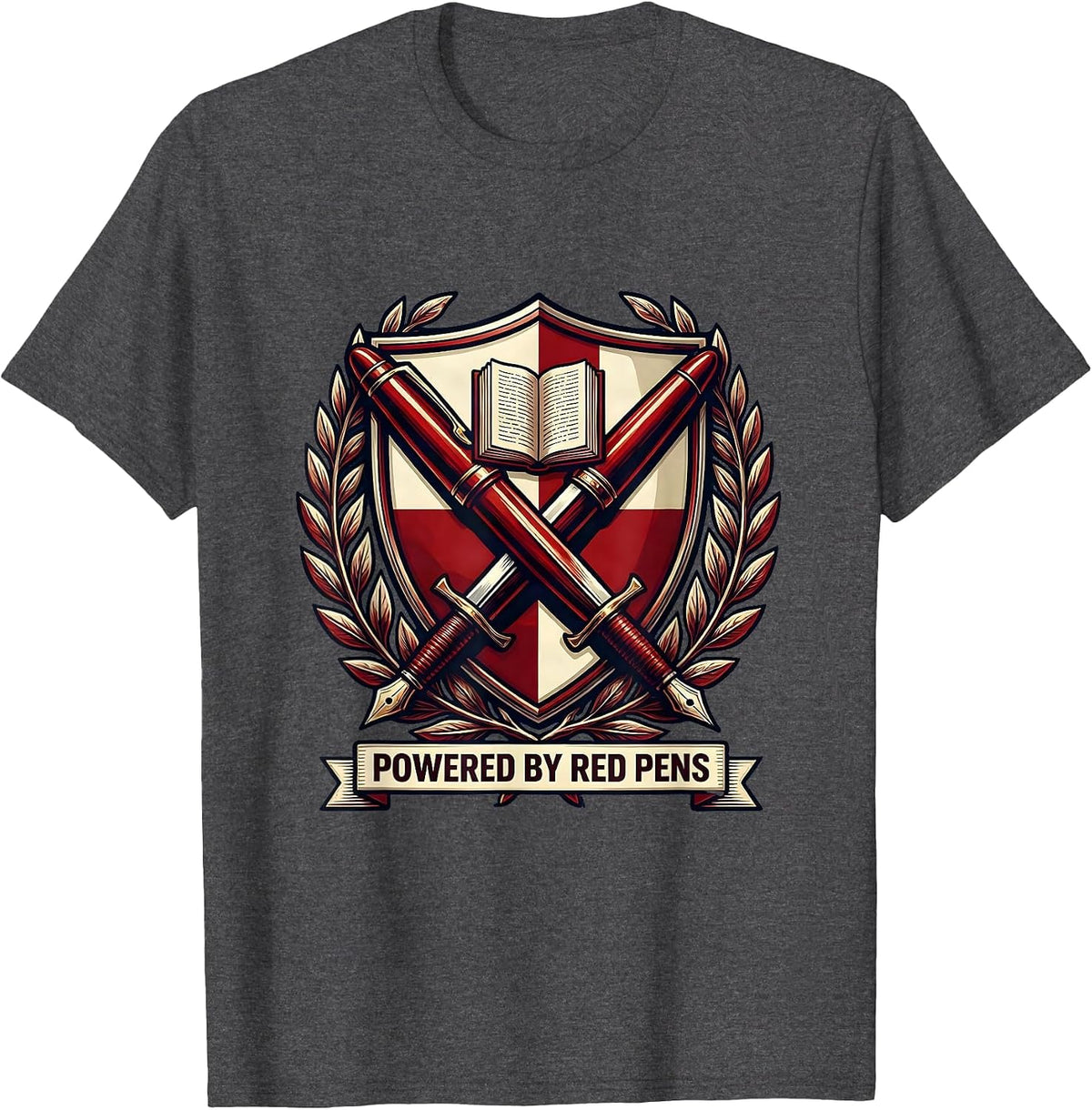 Powered by Red Pens English Teacher Design T-Shirt - Dark Heather Grey