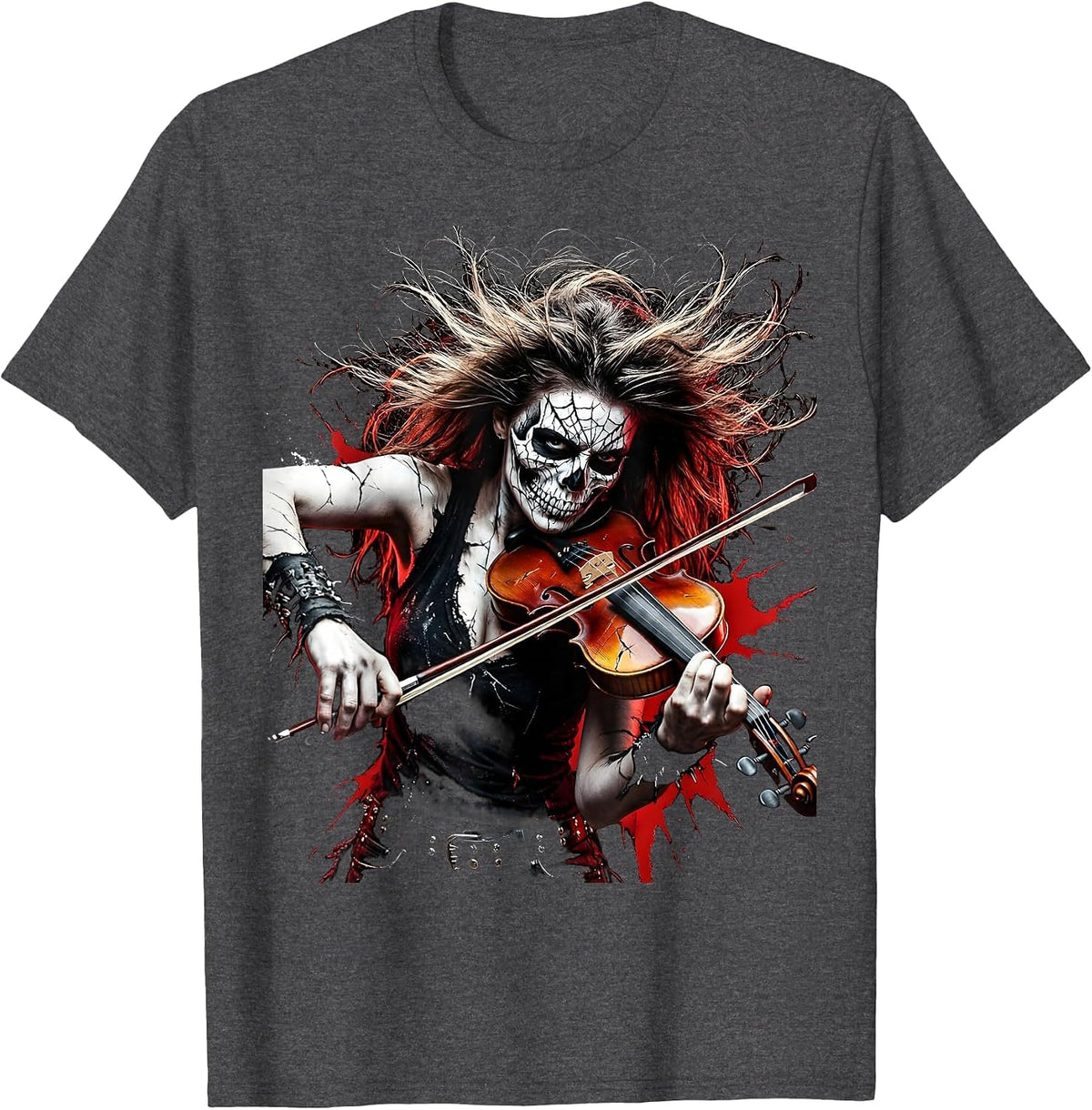 Cracked Skull Violinist Rock Musician Graphic T-Shirt - Dark Heather Grey