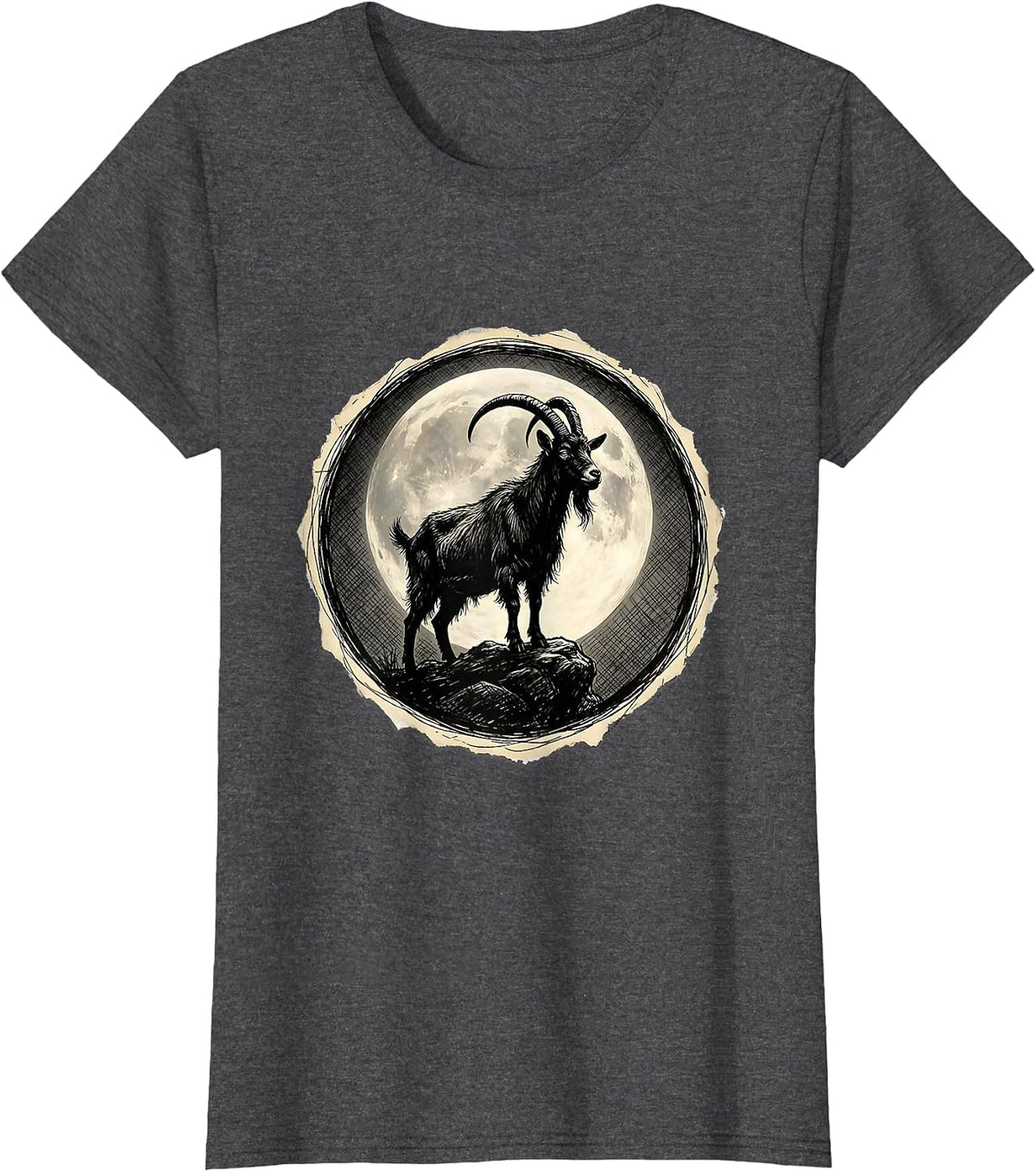 Women's Goat Silhouette Full Moon Night Sky Design T-Shirt - Dark Heather Grey