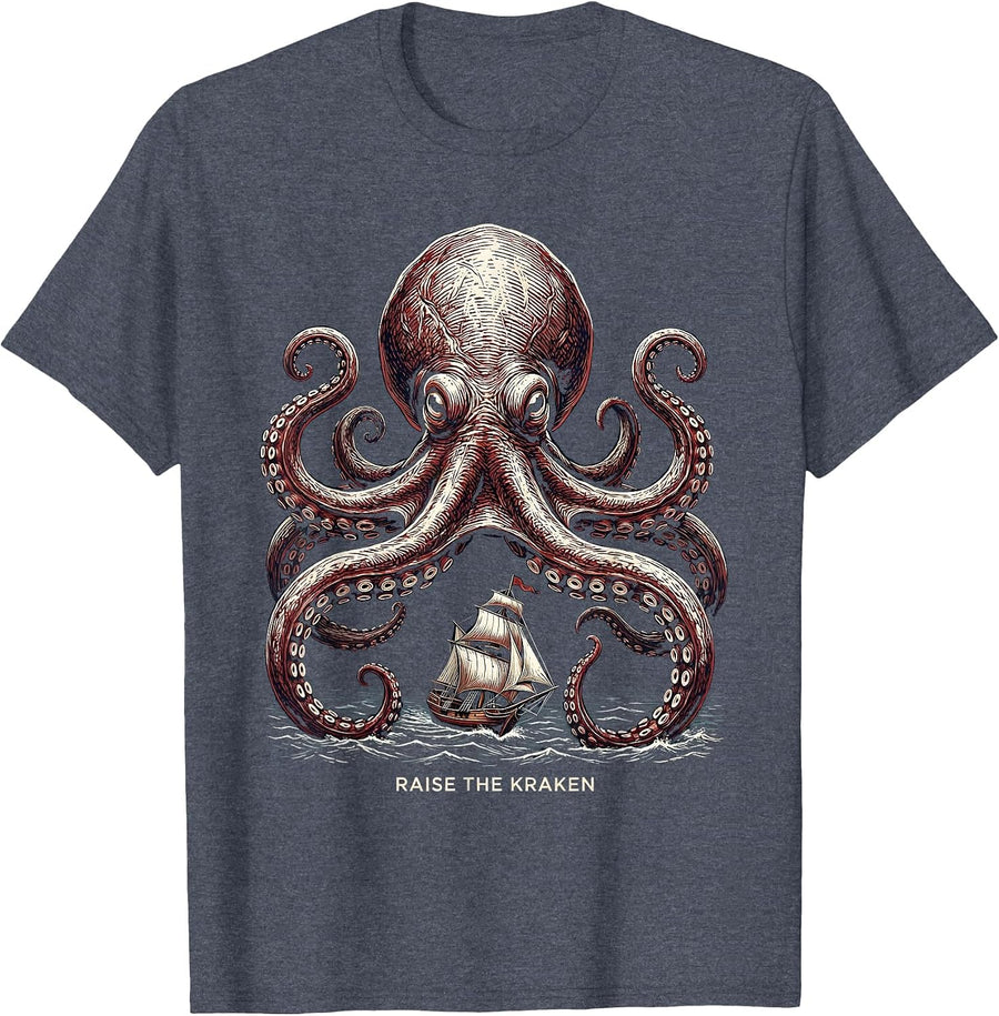 Raise The Kraken Woodcut Engraving Octopus Lover Marine T-Shirt - Heather Blue
