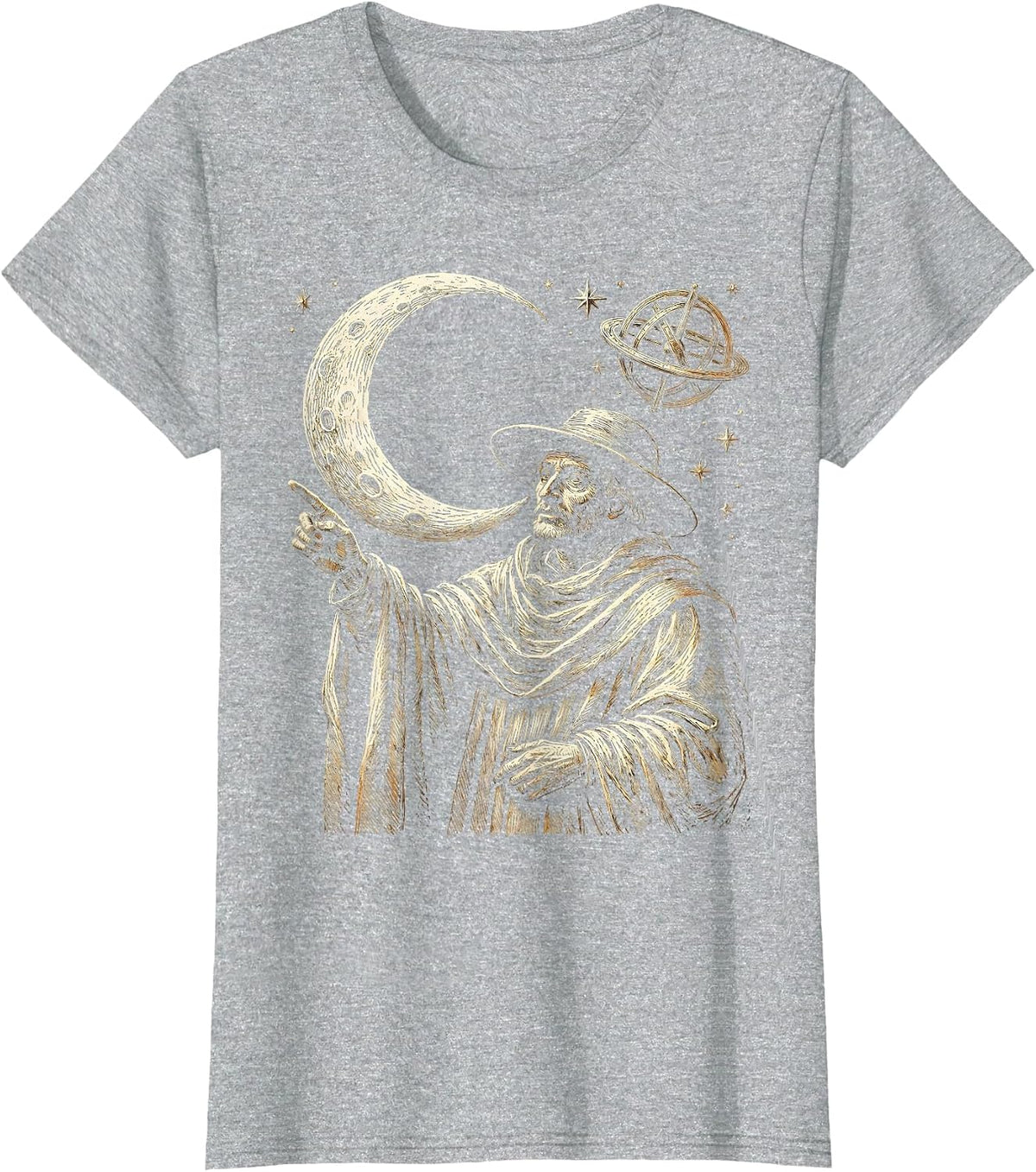 Renaissance Astronomer Crescent Moon Illustration T-Shirt - Heather Grey