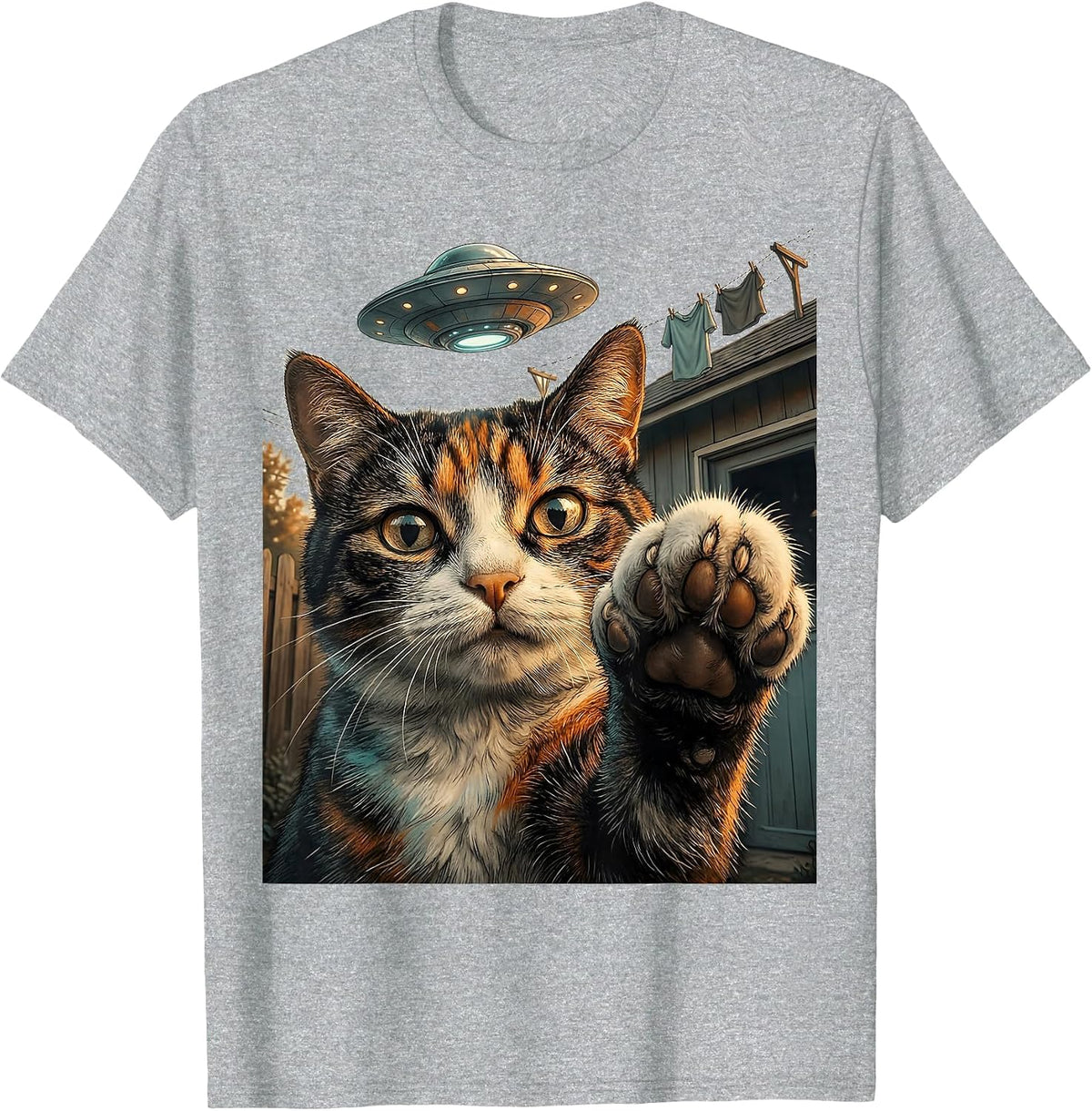 Men's Startled Cat UFO Selfie Funny Cat Lover Gift T-Shirt - Heather Grey