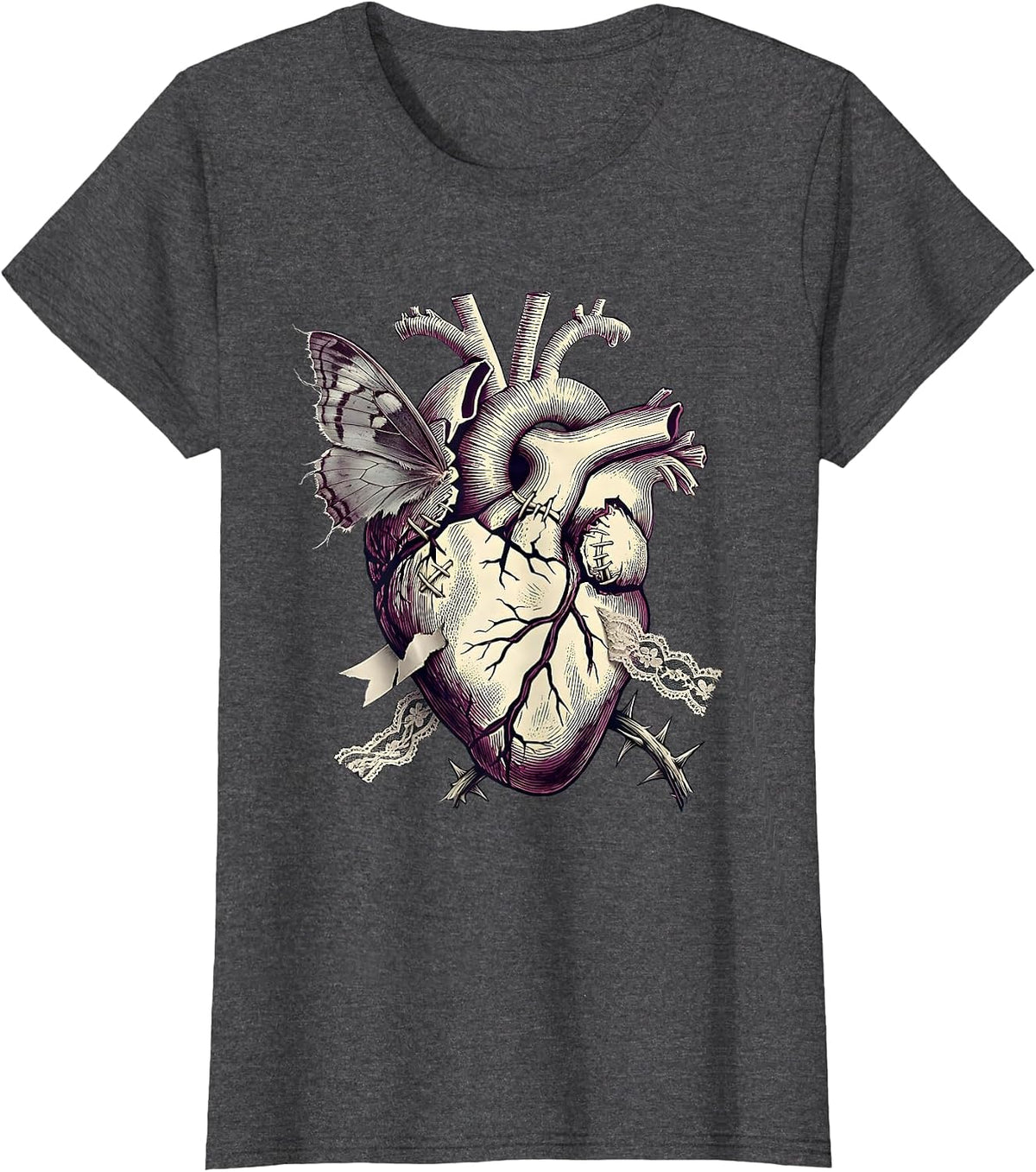 Women's Emo Broken Heart Stitched Together Graphic T-Shirt - Dark Heather Grey