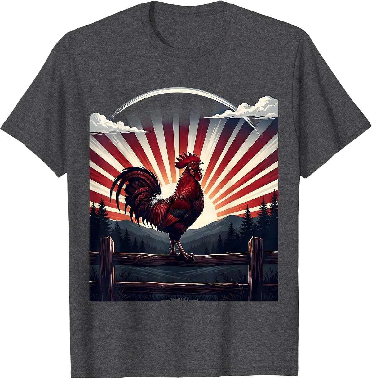 Rooster Crowing at Sunrise Red Sky Illustration T-Shirt - Dark Heather Grey