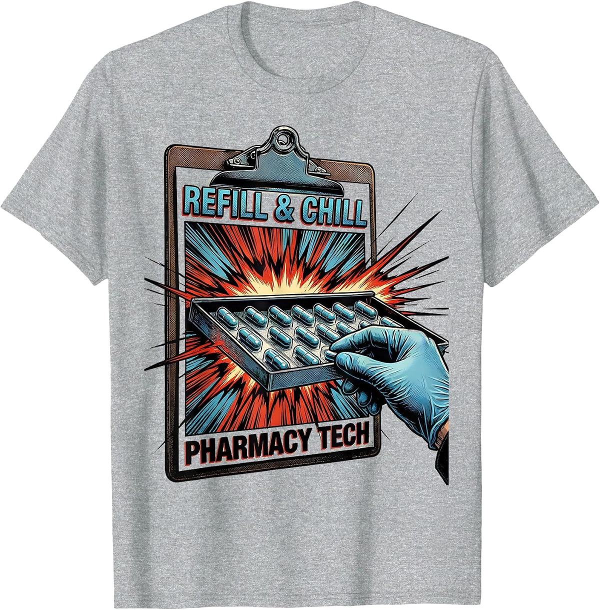 Men's Refill & Chill Pharmacy Tech Funny Pharmacy Technician T-Shirt - Heather Grey