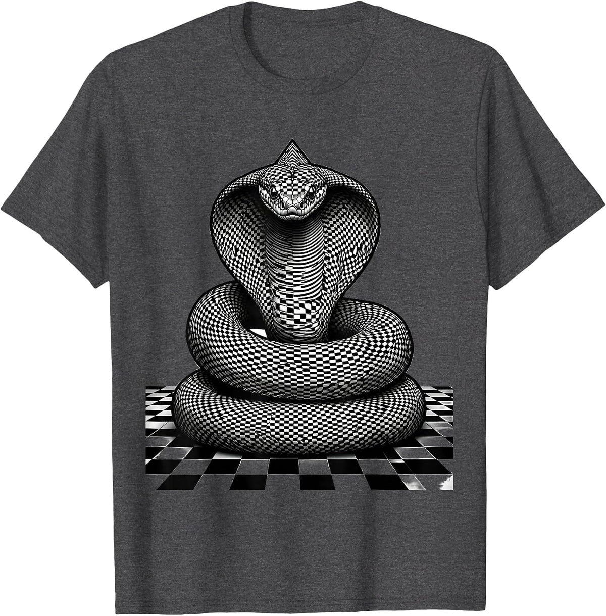 Snake Coiled on Black and White Checkered Floor T-Shirt - Dark Heather Grey