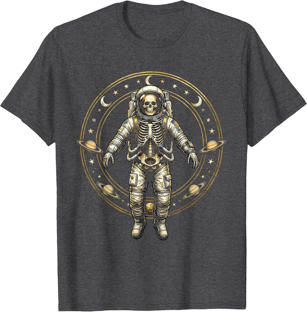 Men's Skeleton Astronaut Floating in Deep Space T-Shirt - Dark Heather Grey