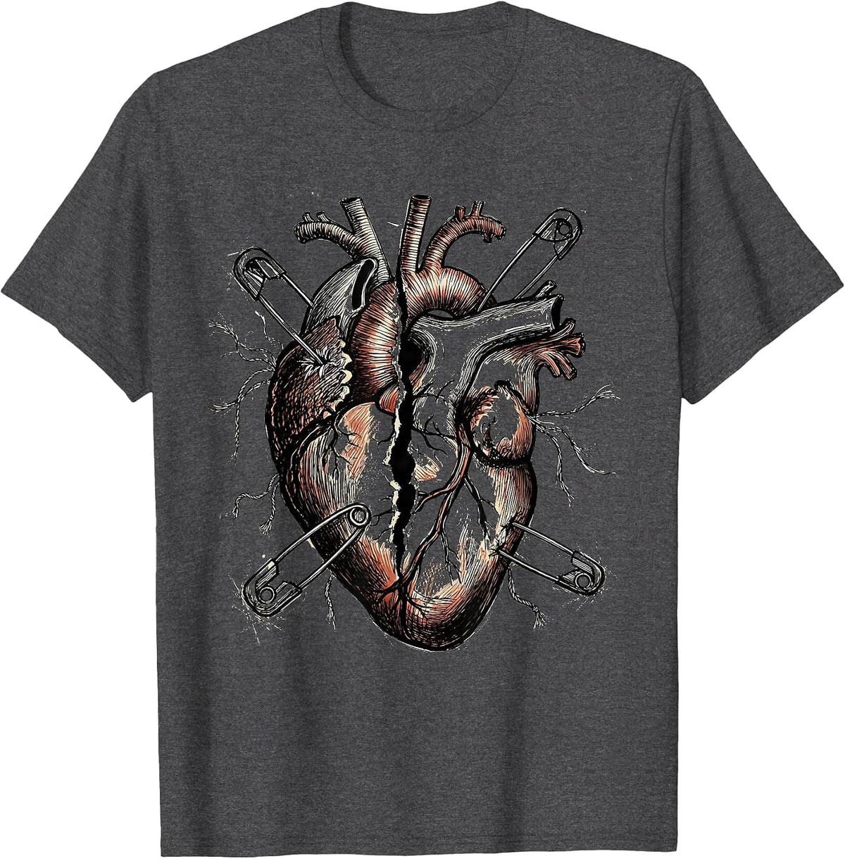 Grunge Safety Pin Torn Heart Illustration T-Shirt - Dark Heather Grey