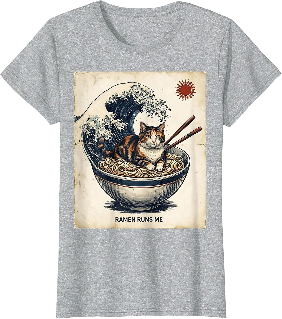 Women's Ramen Runs Me Vintage Anime Cat Novelty Humor T-Shirt - Heather Grey