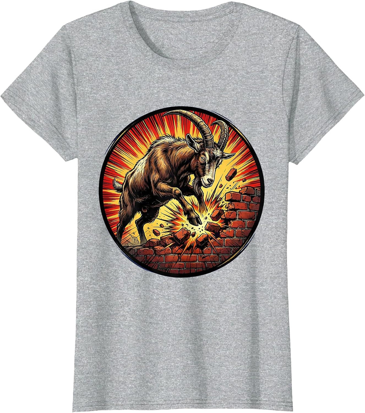Stubborn Goat Headbutting Brick Wall Funny Art T-Shirt - Heather Grey