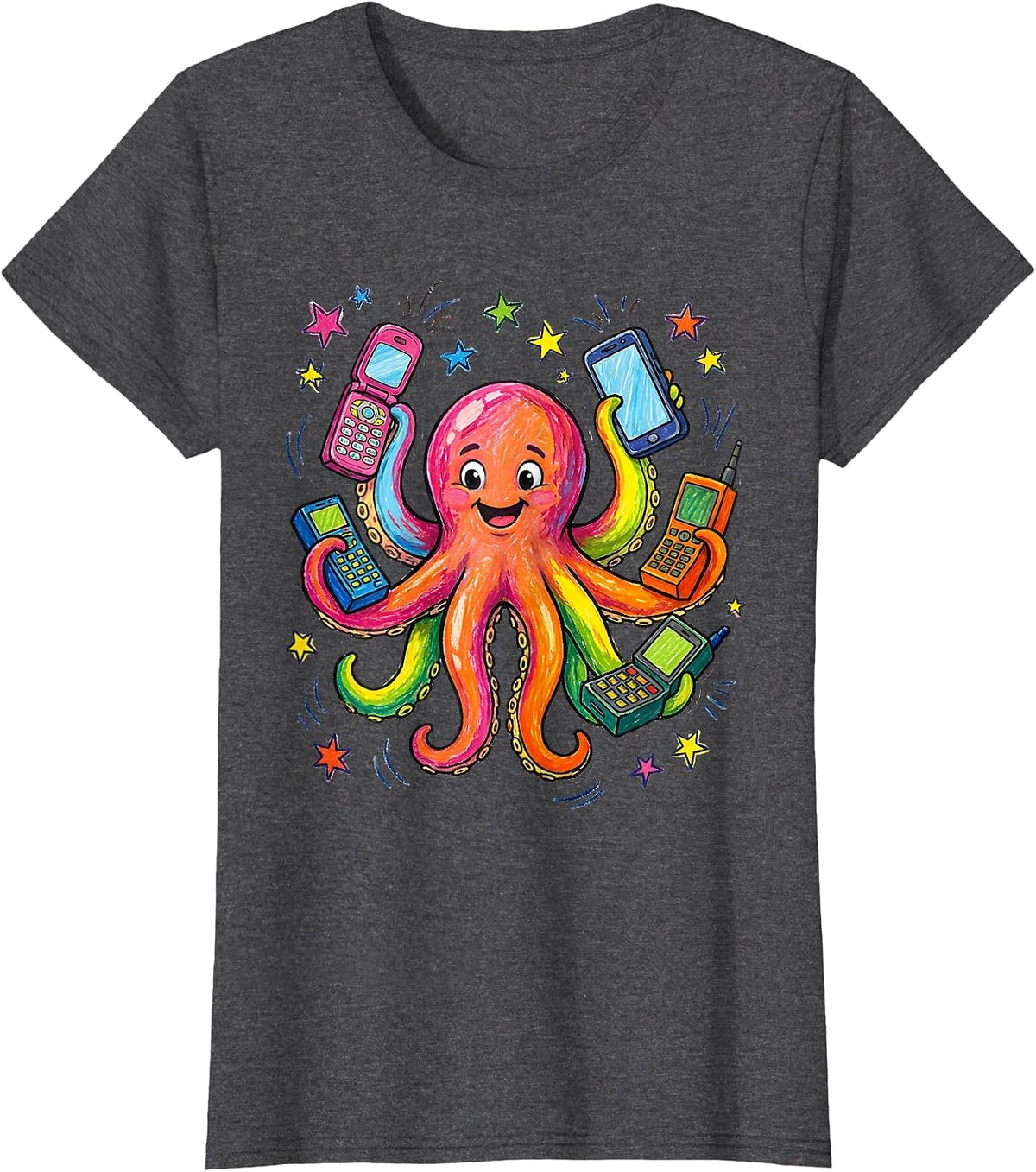Women's Octopus Multitasking With Eight Phones Funny Art T-Shirt - Dark Heather Grey